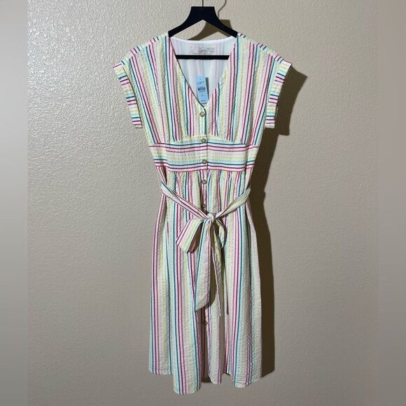 LOFT Pink and Blue Buttoned Tie Front Midi Dress - Picture 1 of 7